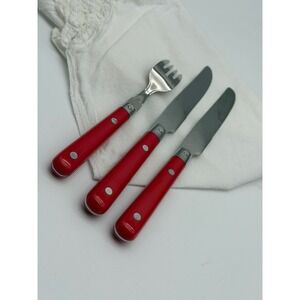 Lifetime‎ Stainless Korea Red Riveted Handle Flatware Set 1 Fork 2 Knives Bistro